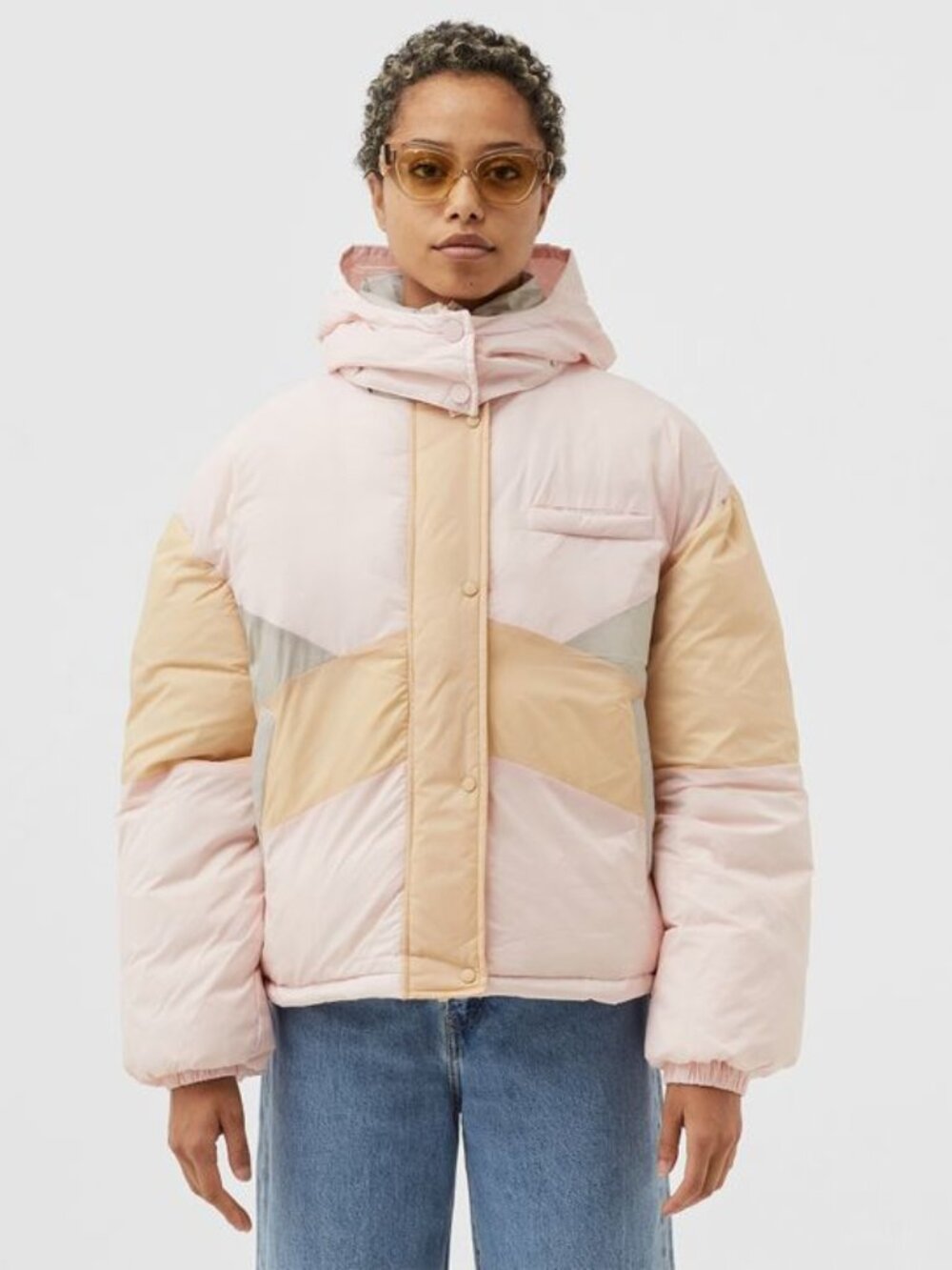 NWT American Vintage Short Puffer Jacket With Stand Collar, Nude Tricolor